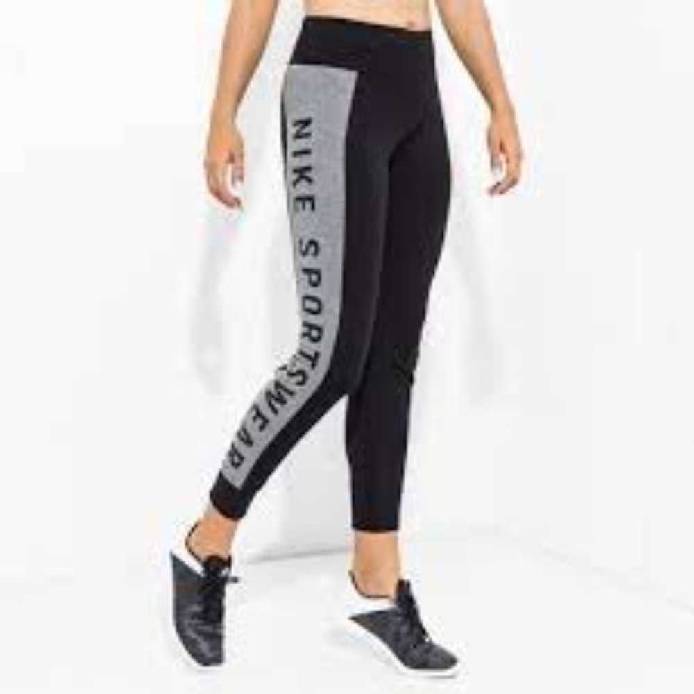 Nike High Rise Essential Logo Leggings Black with Gray Side Stripes Size Small
